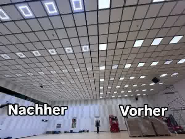 Unsere modernisierte LED-Hallenbeleuchtung im direkten Vorher-Nachher-Vergleich